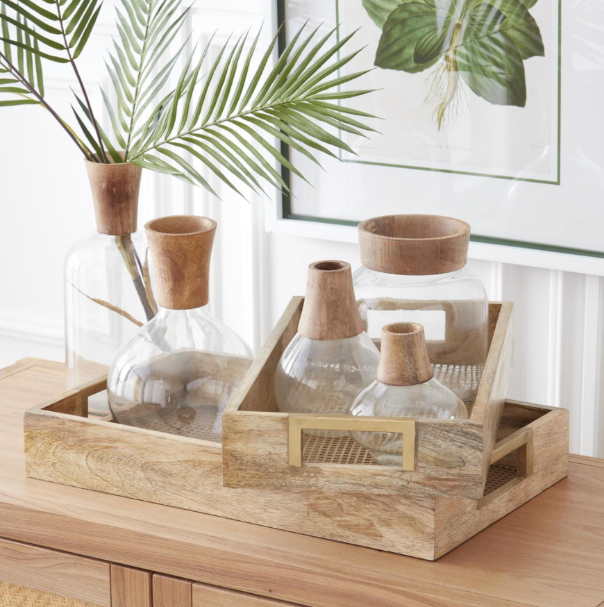 Large Square Glass and Wood Vase