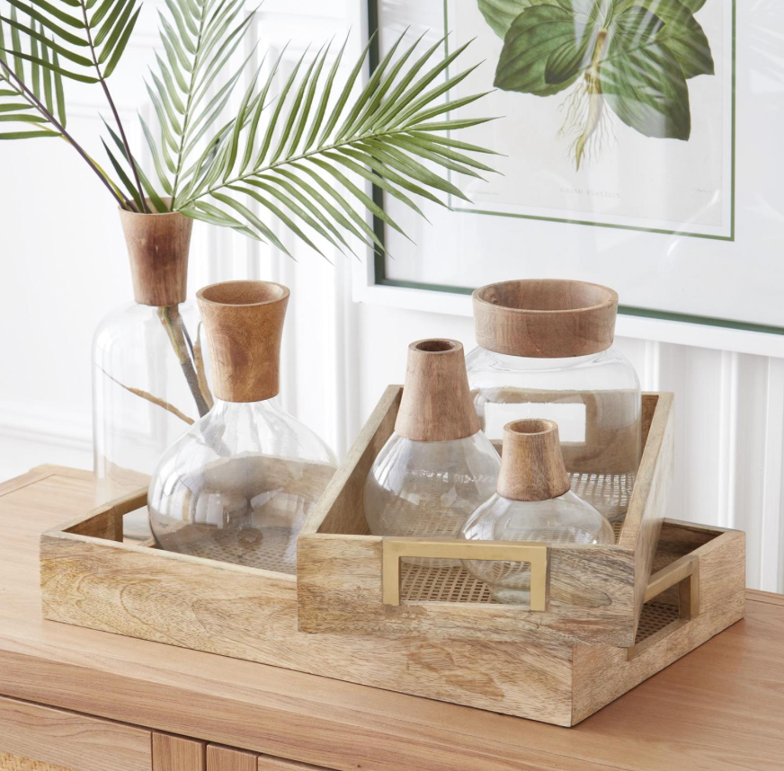 Large Tall Glass and Wood Vase