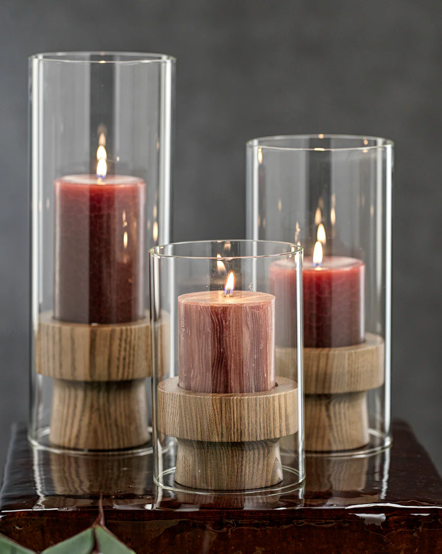 Wood Base Glass Pillar Hurricane
