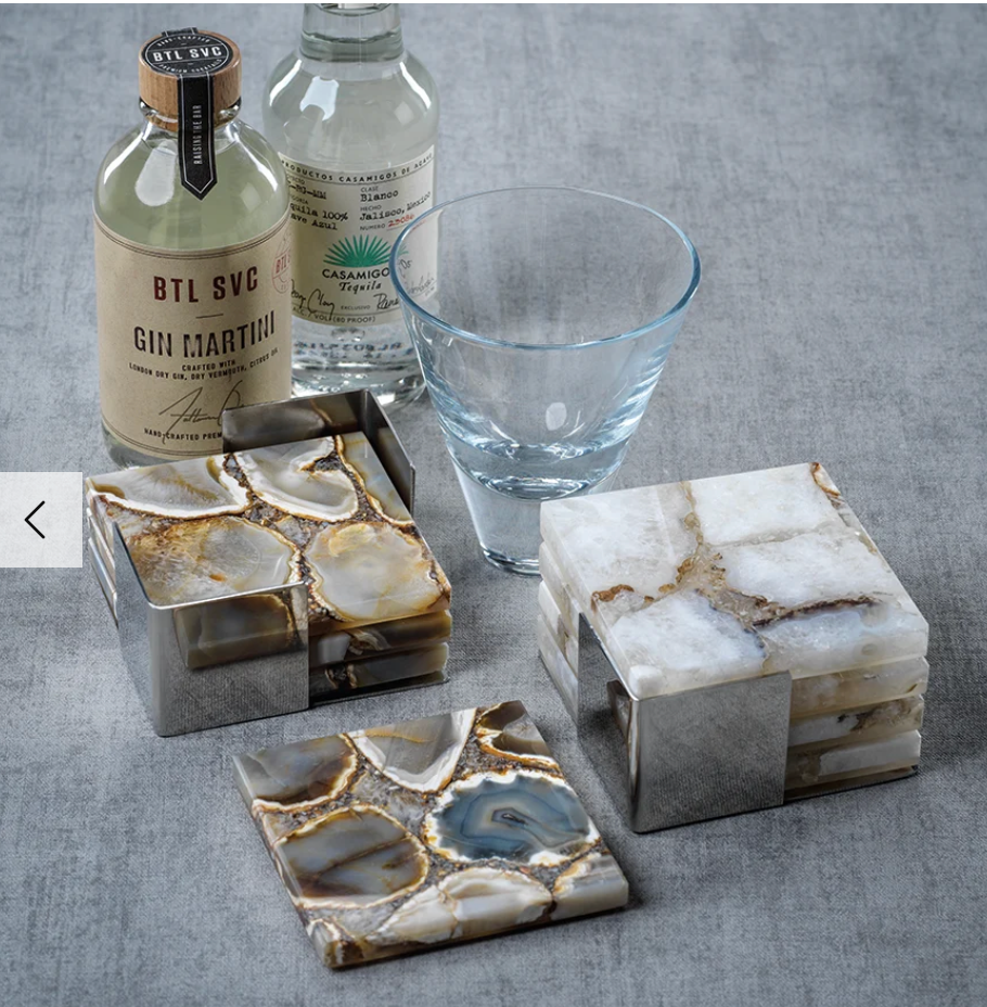 Crete Agate Coasters on Alloy Tray - Set of 4 - Taupe / Brown