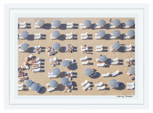 Navy Striped Umbrellas, Miami Framed Print