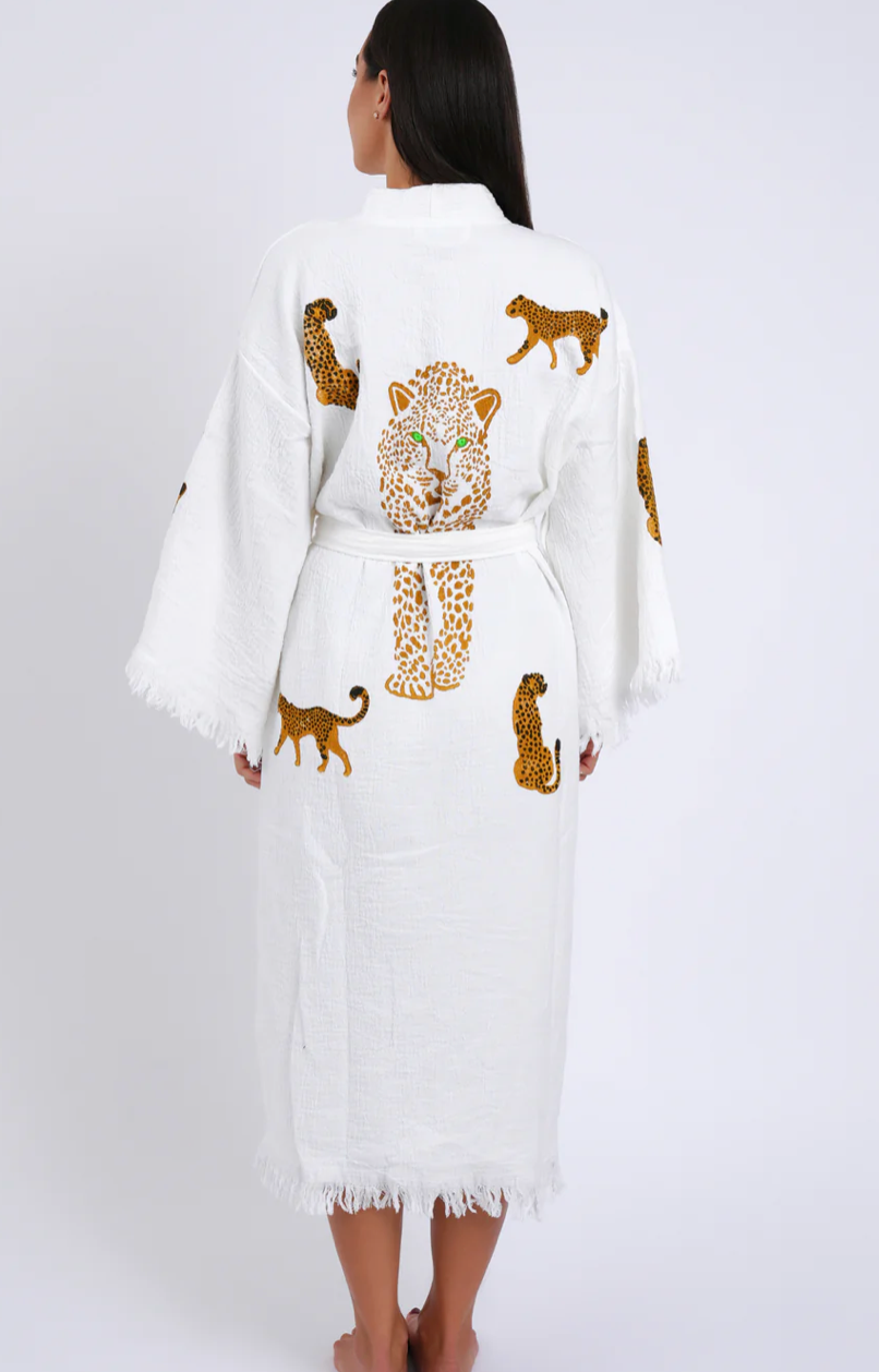Kimono Robe - White Leopard