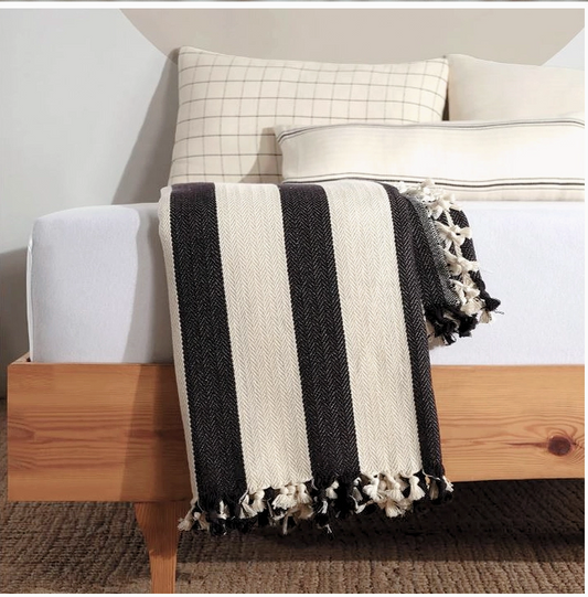 Black Striped Cream Throw Blanket