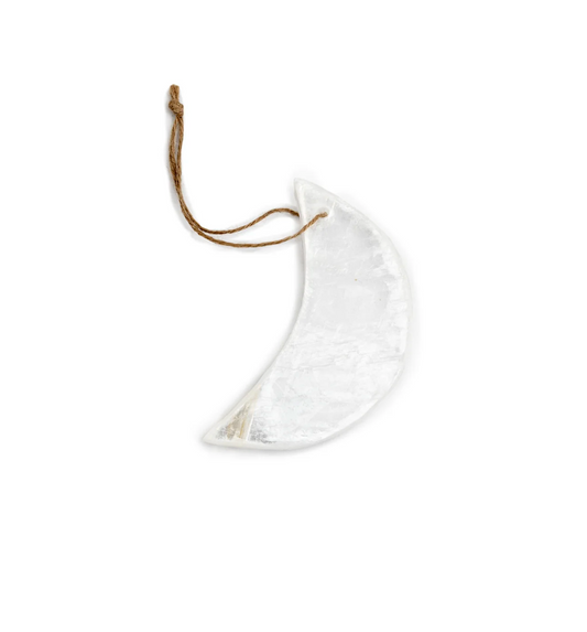Hanging Selenite Moon on Jute