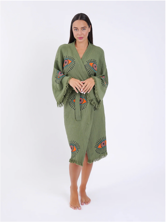 Khaki w/ Orange & Pink Evil Eye Kimono Robe