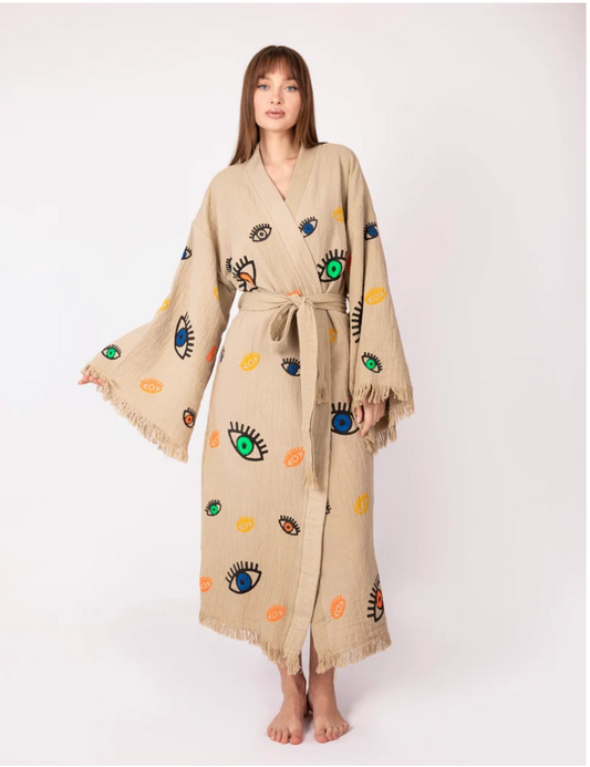 Taupe w/ Multi Evil Eye Kimono Robe