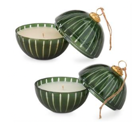 5 INCH GREEN ETCHED GLASS FILLED ORNAMENT CANDLE