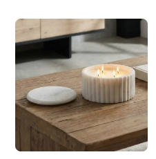 Ribbed Saffron and Suede White Glass Candle