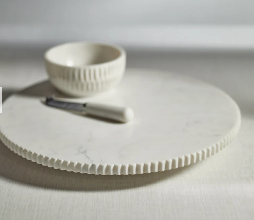 Ribbed Finish White Marble Lazy Susan