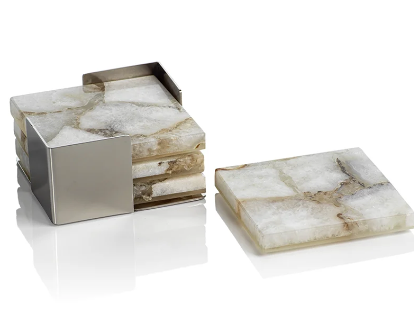 Crete Agate Coasters on Alloy Tray - Set of 4 - Taupe / White