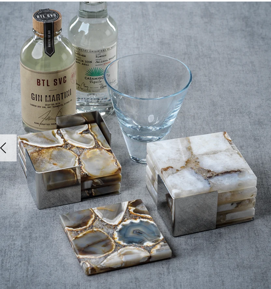 Crete Agate Coasters on Alloy Tray - Set of 4 - Taupe / White