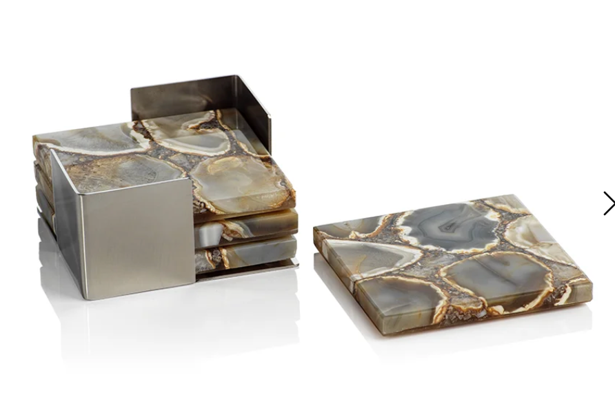Crete Agate Coasters on Alloy Tray - Set of 4 - Taupe / Brown